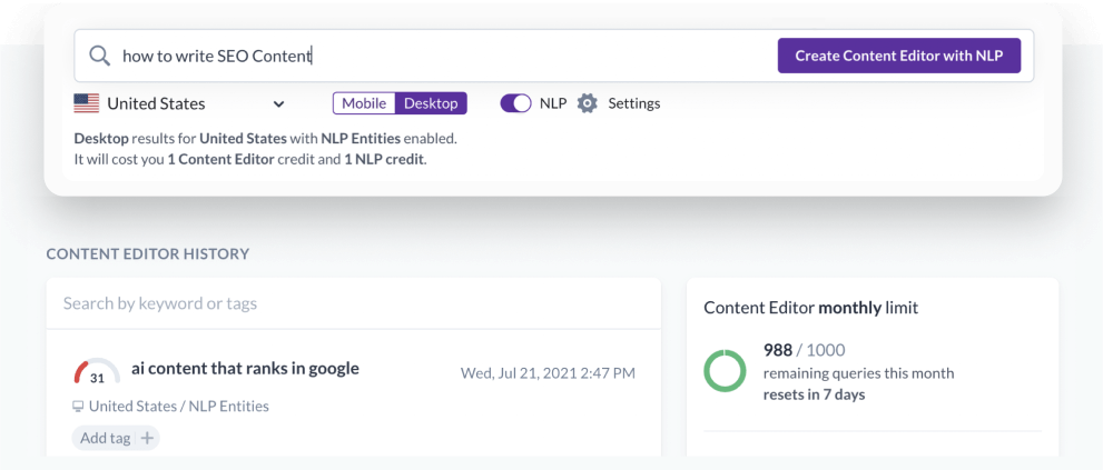 Create Content Editor screen from Surfer app.
