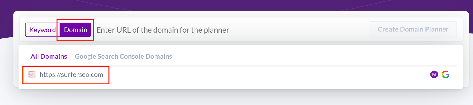 Picking domain and country in Surfer Content Planner