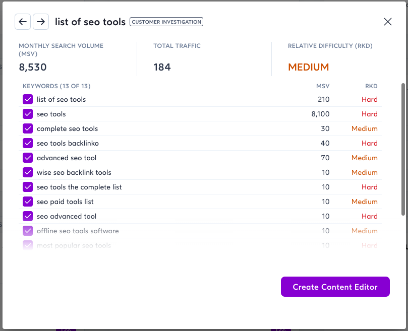 Surfer Content Planner for “list of SEO tool,”