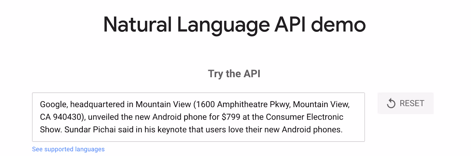 google's NLP api demo input