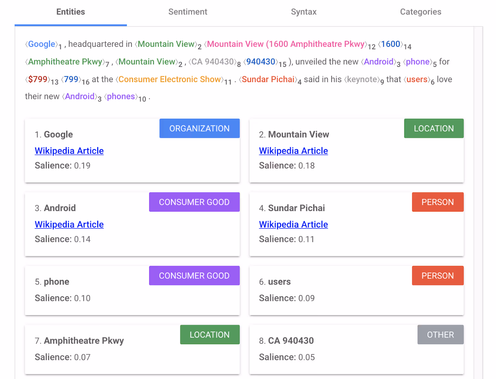 entities in google's api demo