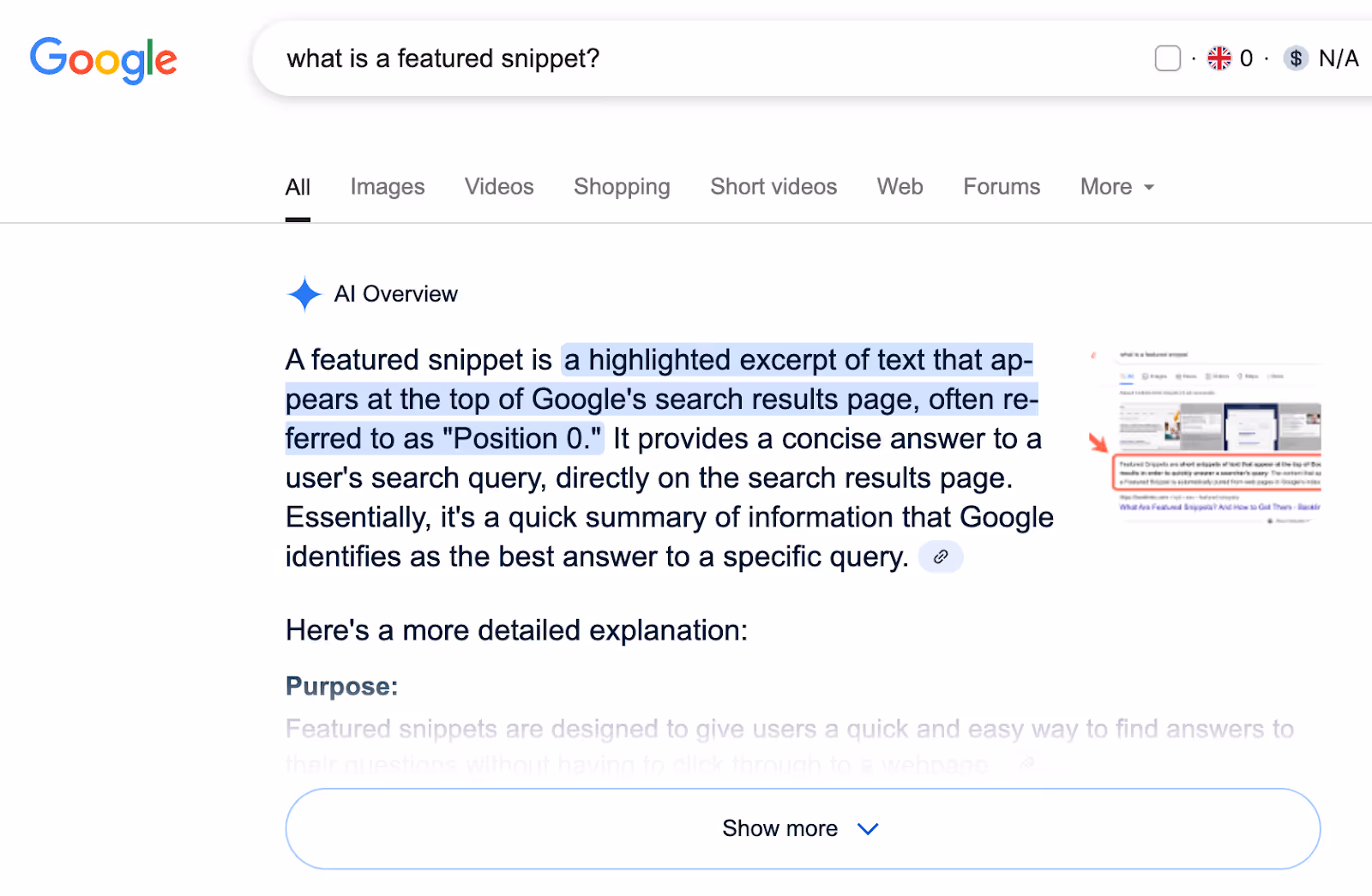 What is a featured snippet AI overview example