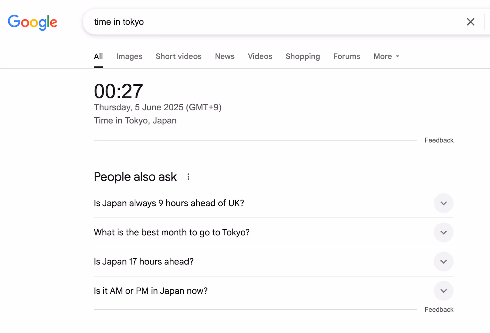 time in Tokyo zero click search example