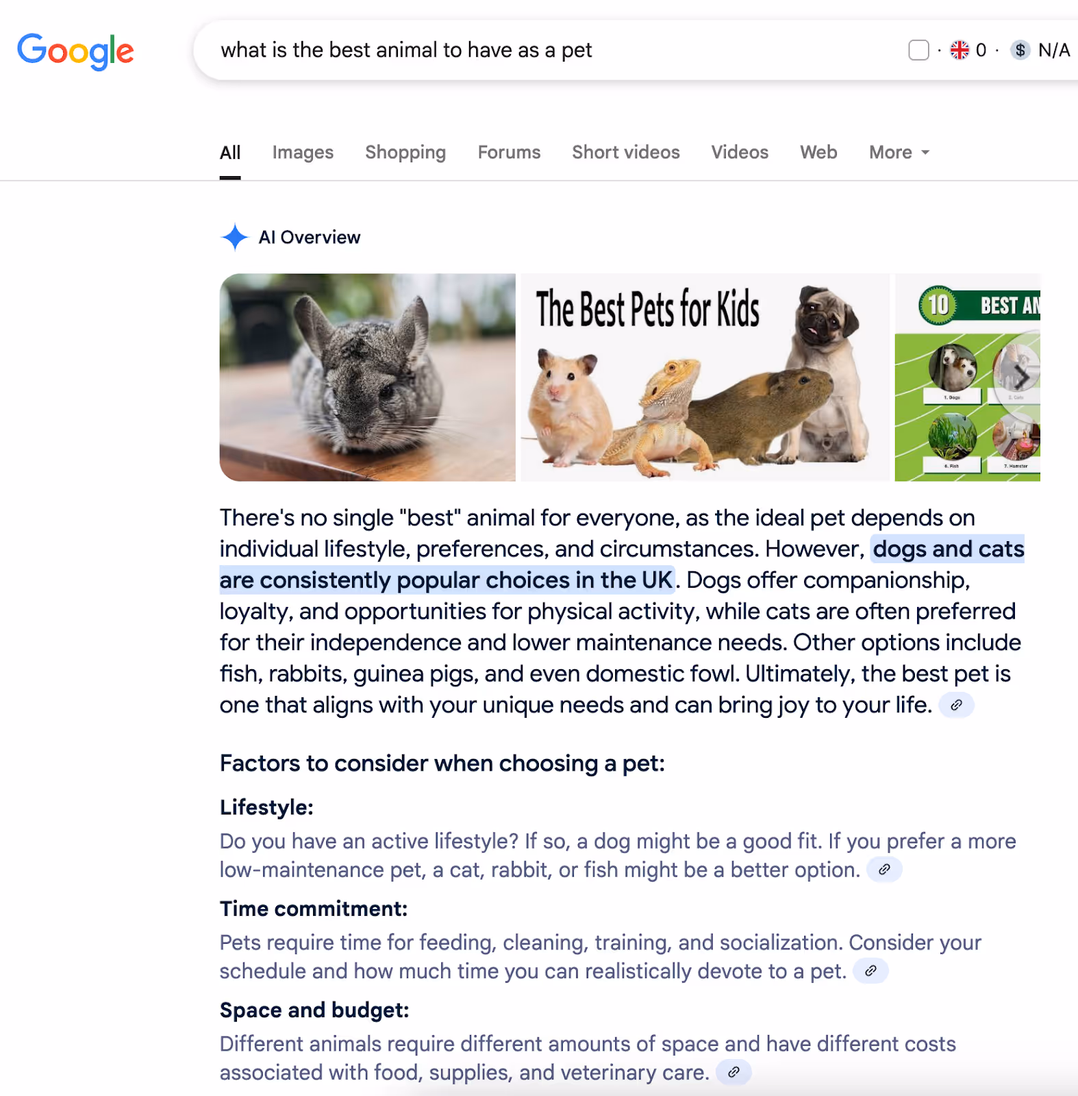 What is the best animal to have as a pet Google AI overview example