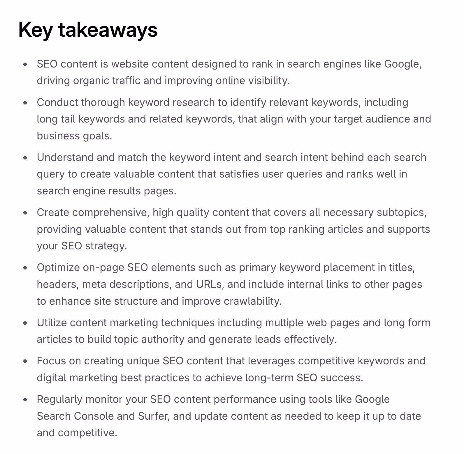 Surfer Key Takeaways example