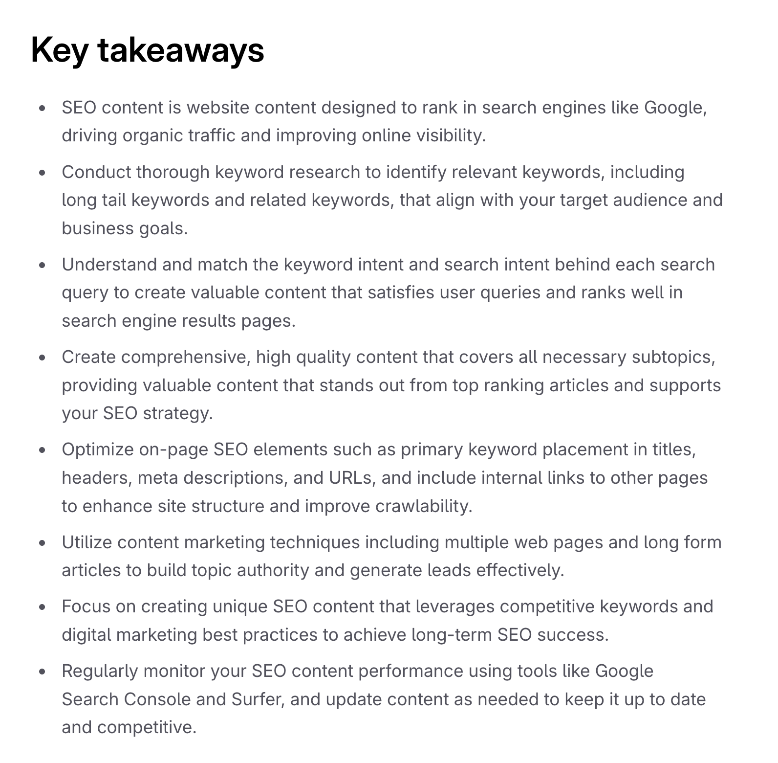 Surfer Key Takeaways example