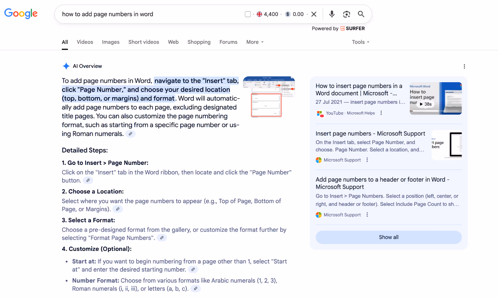 How to add page numbers in Word SERP