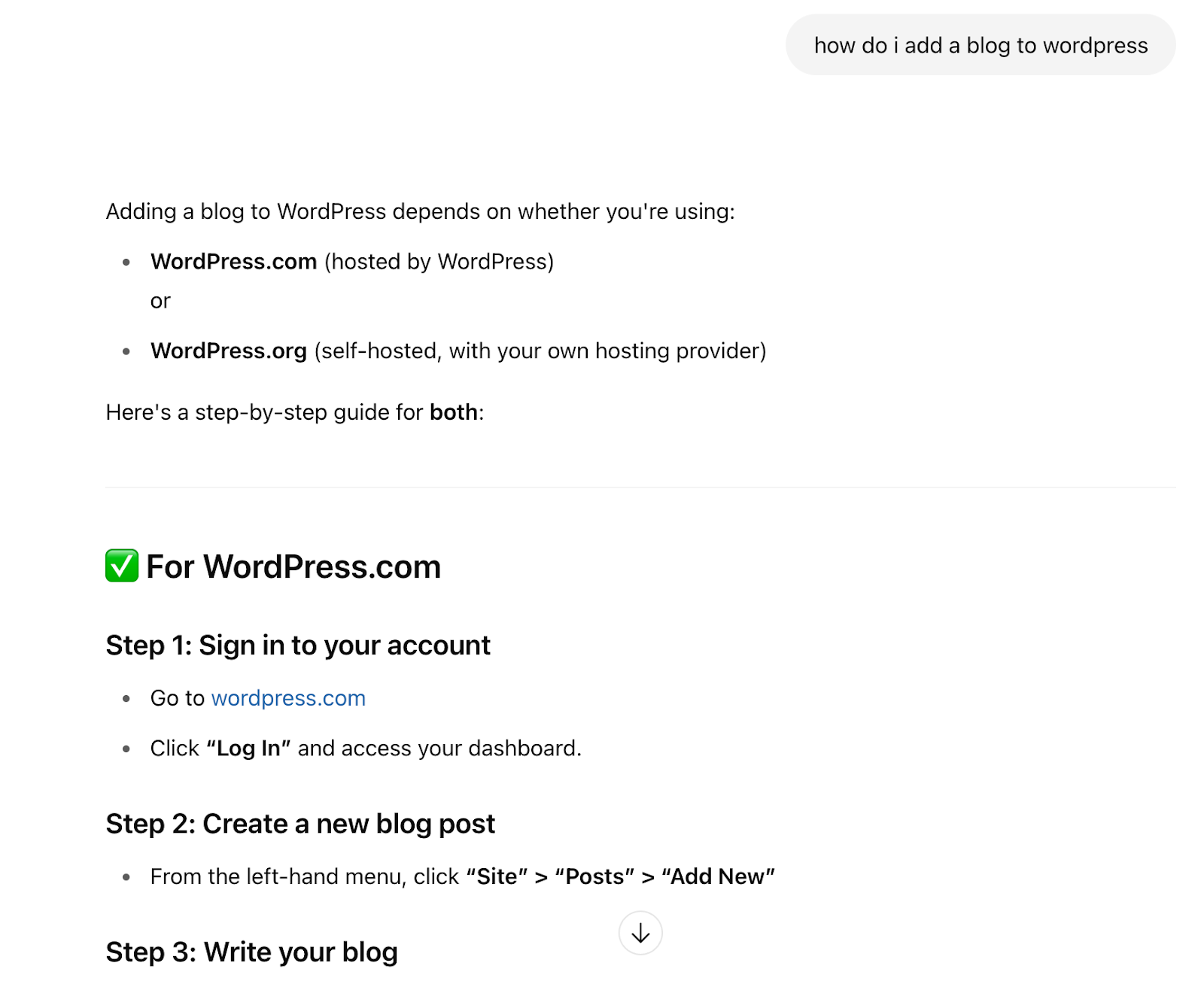 AI powered search example for WordPress query