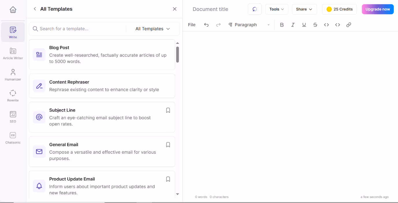 Writesonic template dashboard