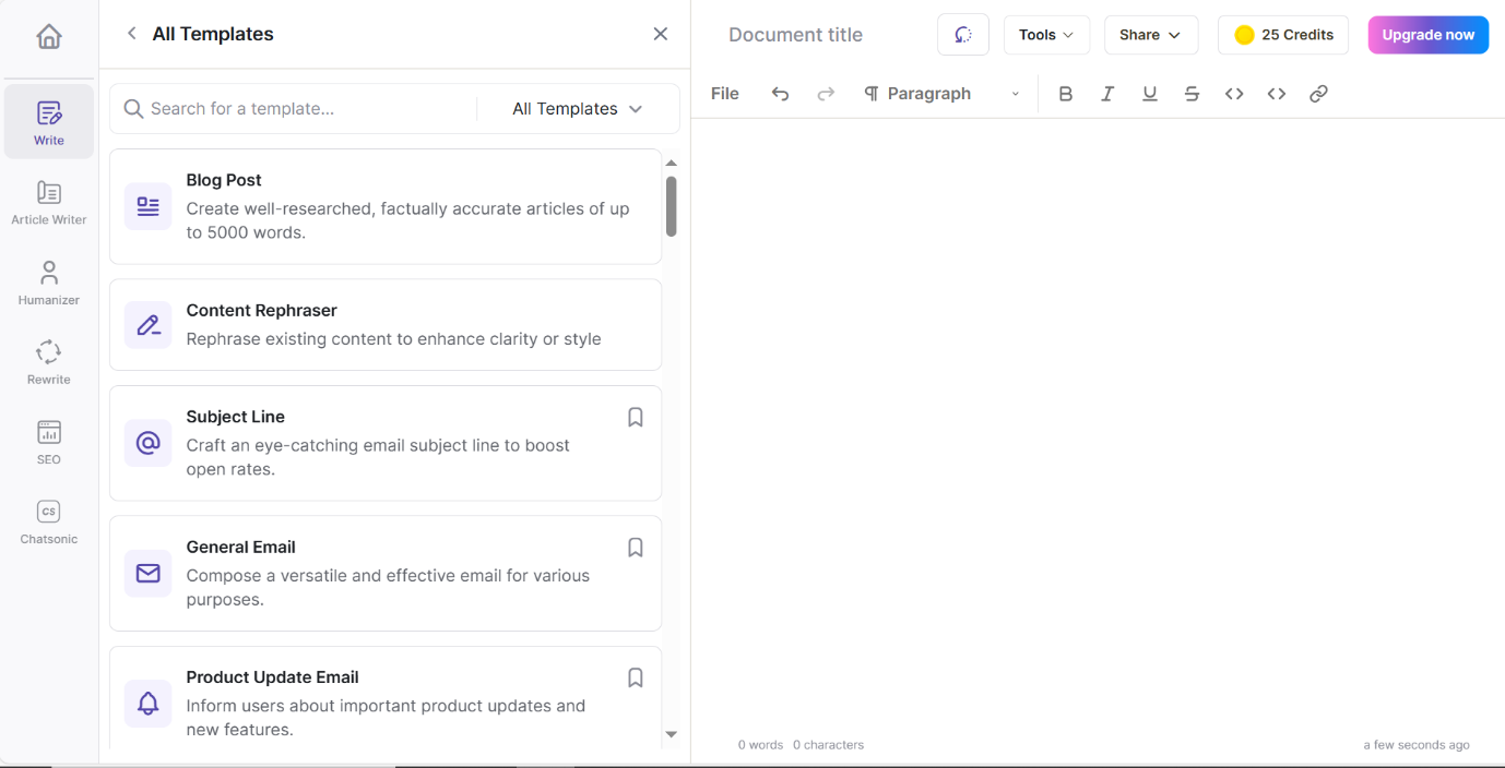 Writesonic template dashboard
