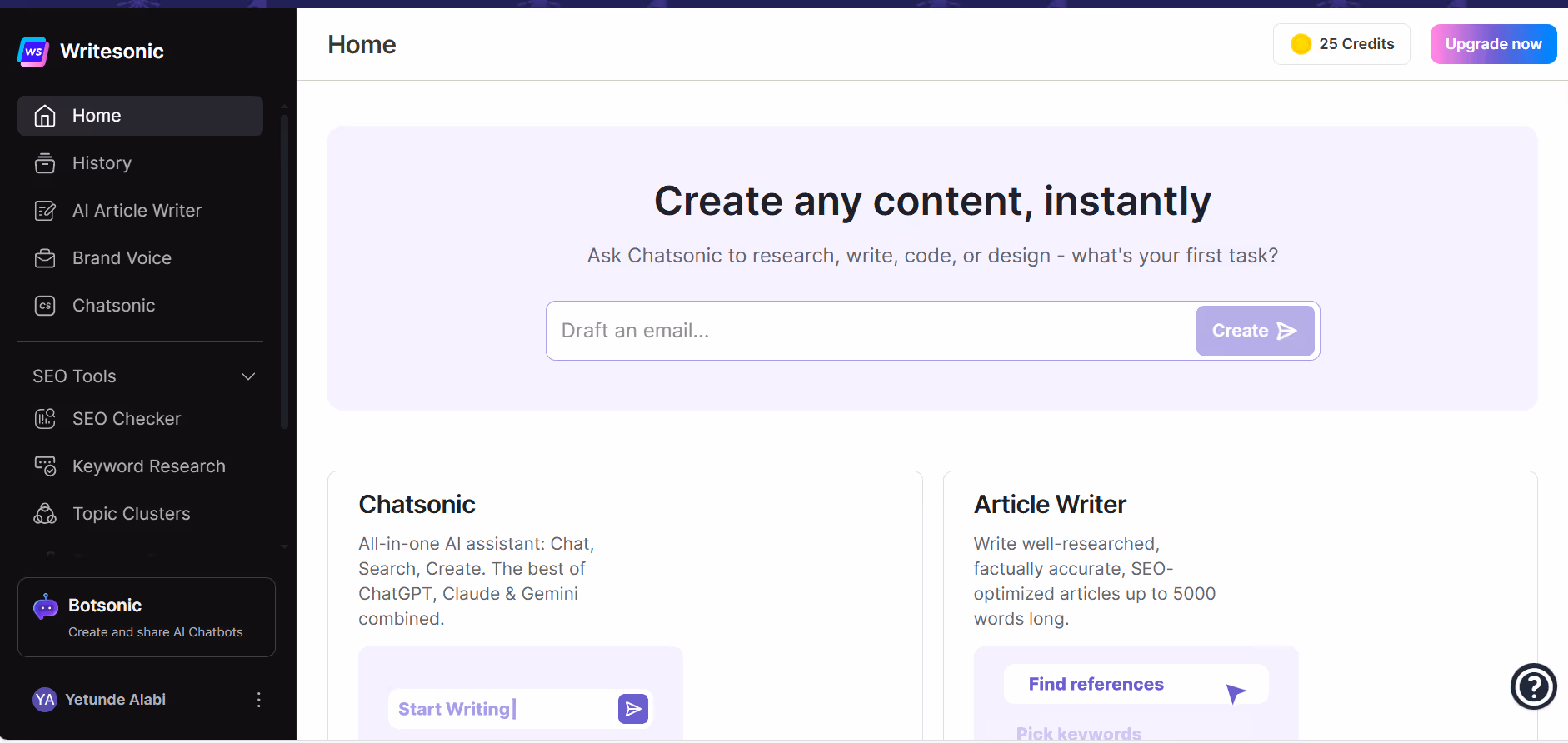 Writesonic dashboard