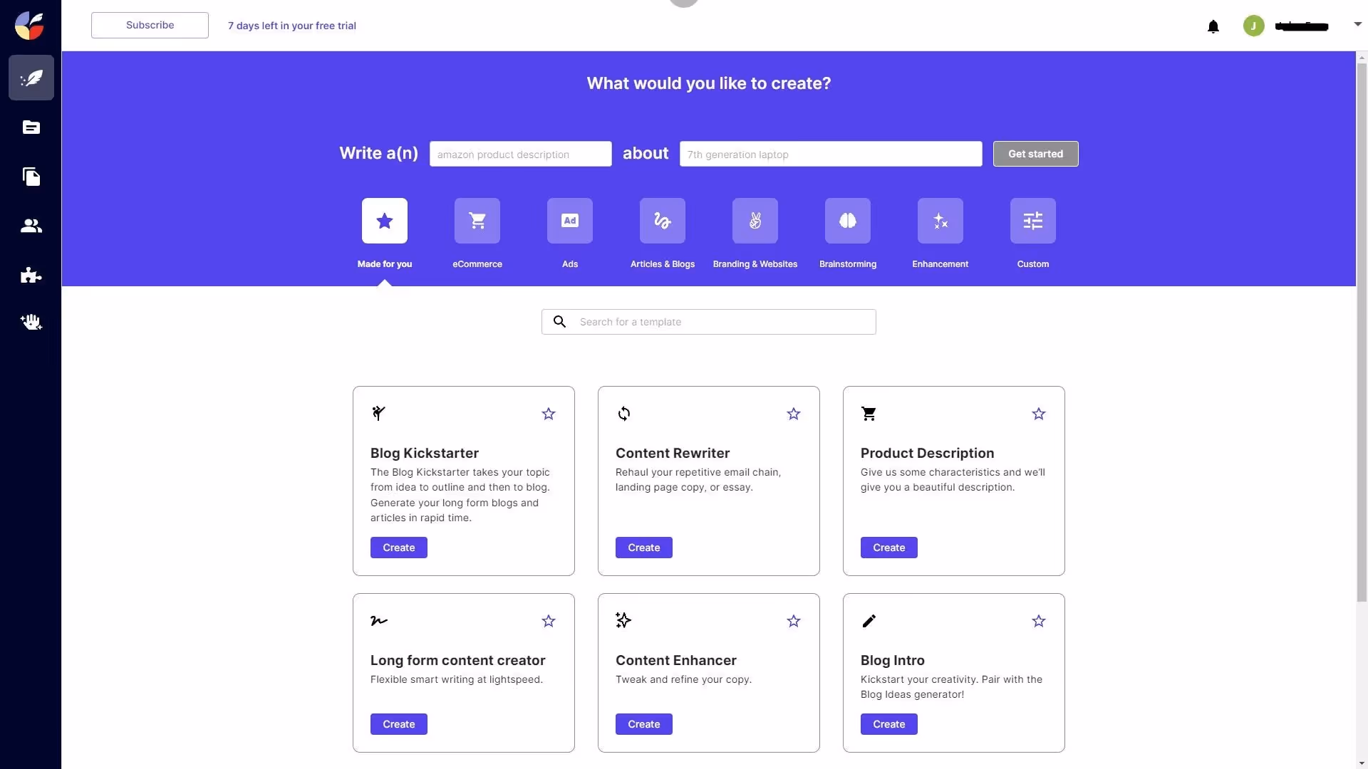 CopySmith's dashboard