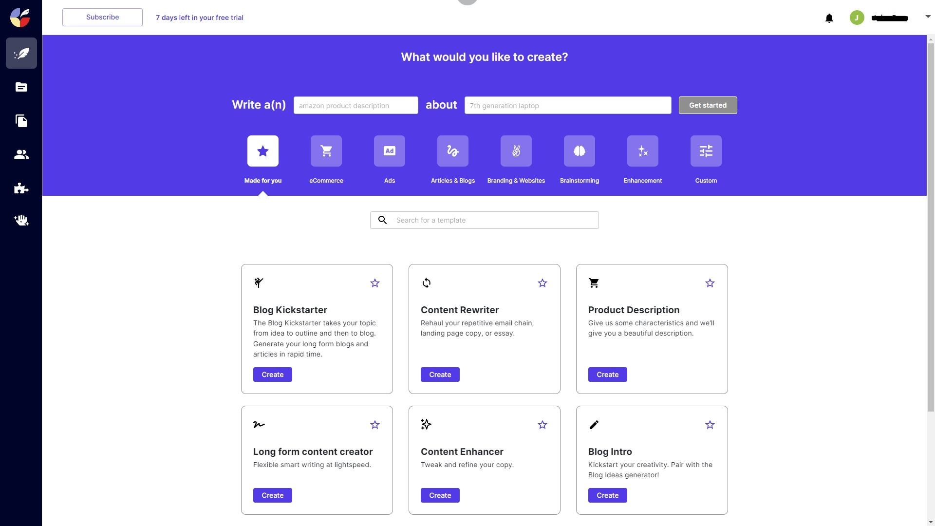 CopySmith's dashboard