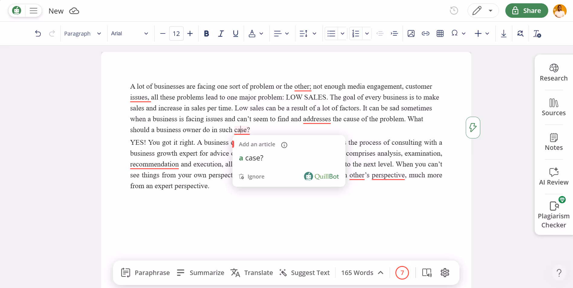 Quillbot's grammar checker