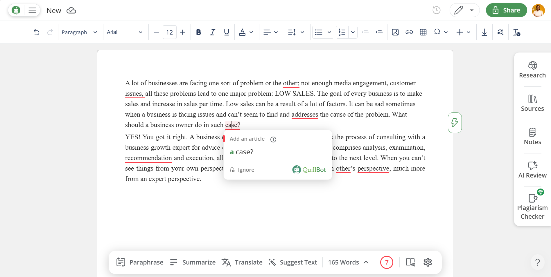 Quillbot's grammar checker