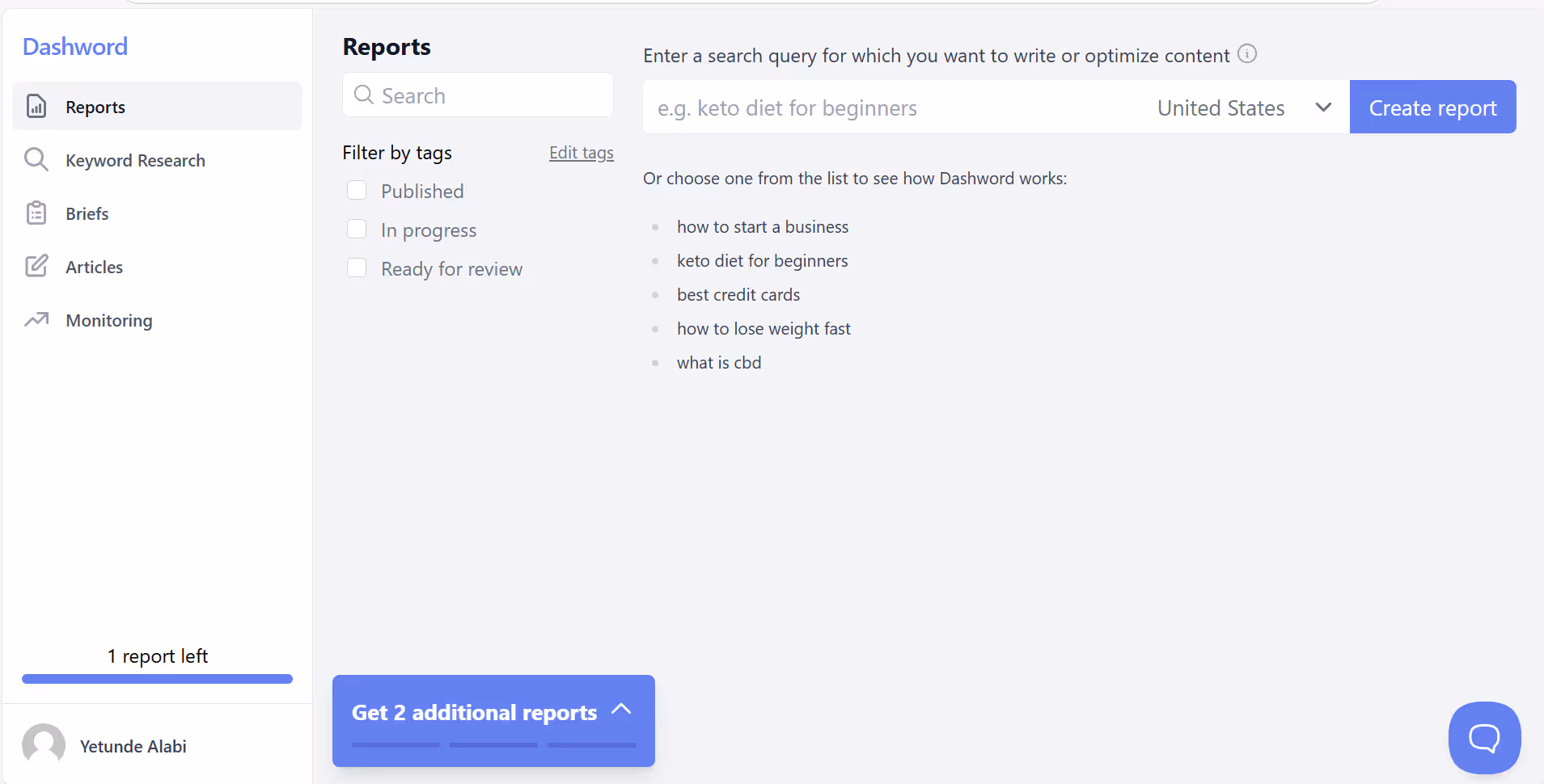 Dashword's dashboard