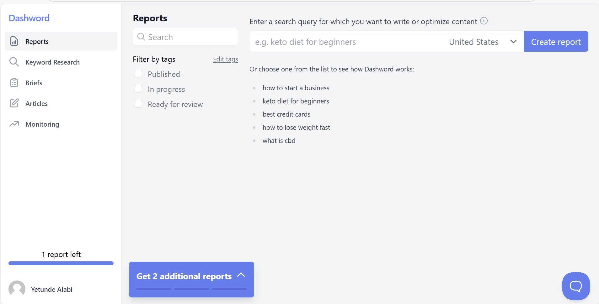 Dashword's dashboard