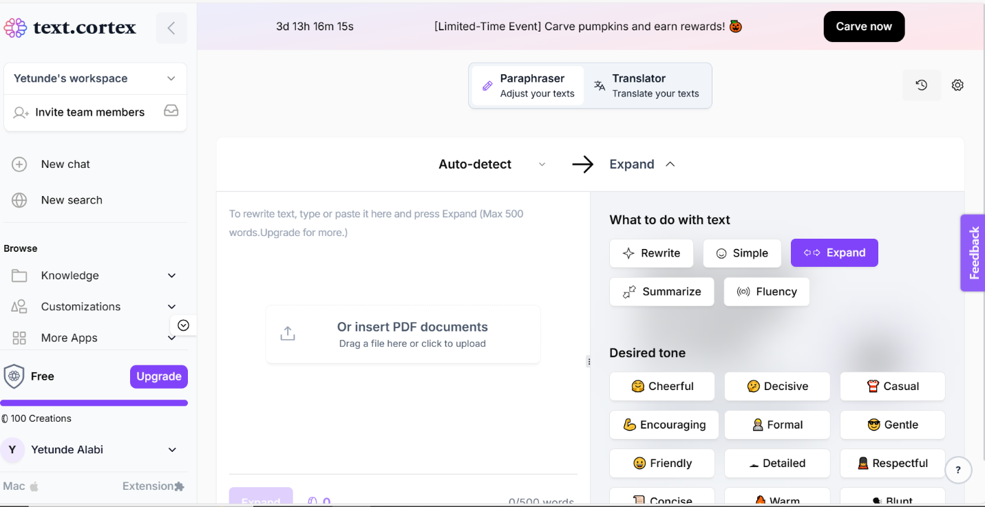 TextCortex's dashboard
