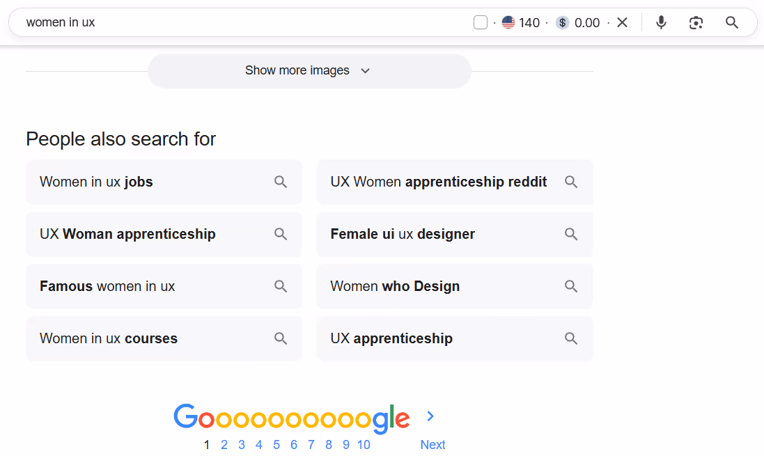 An image showing the "People also search for" section for the keyword "Women in UX".