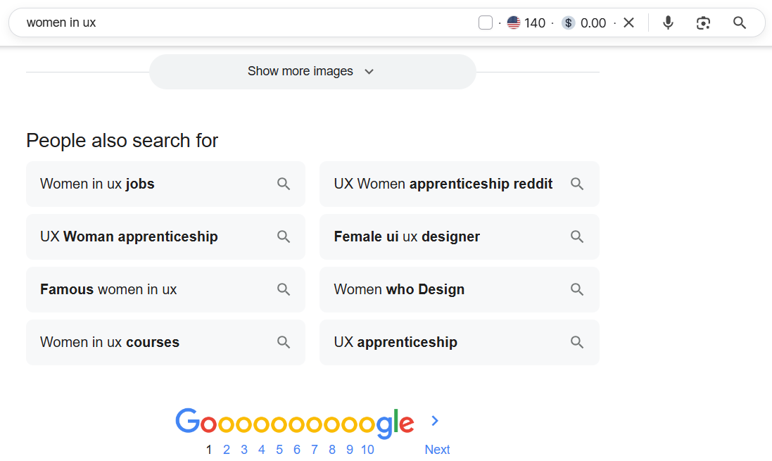 An image showing the "People also search for" section for the keyword "Women in UX".