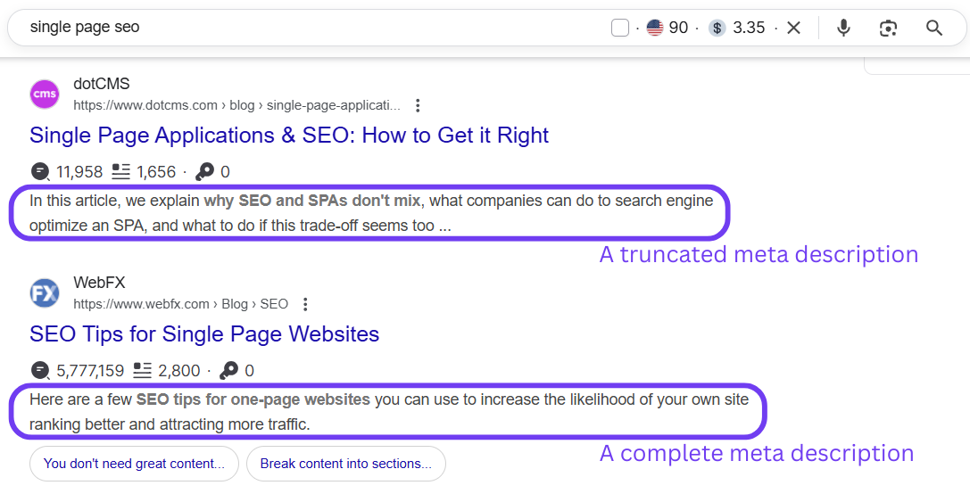 A screenshot showing both complete and truncated meta descriptions.