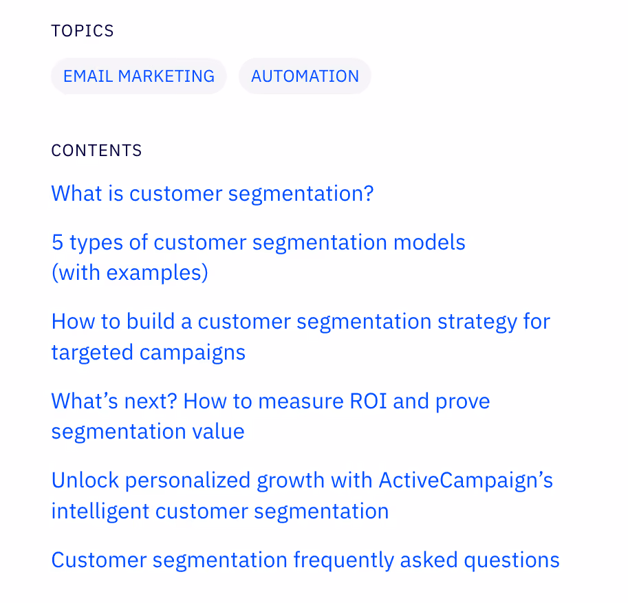 ActiveCampaign customer segmentation table of contents example