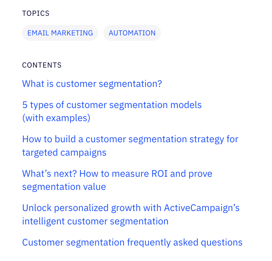 ActiveCampaign customer segmentation table of contents example