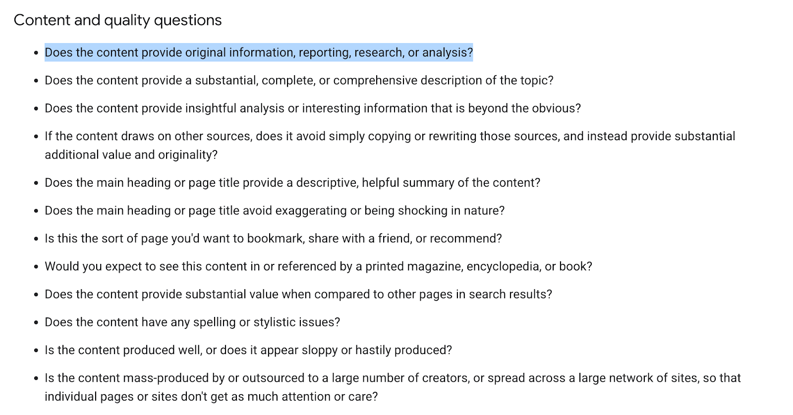 Google's helpful content questions