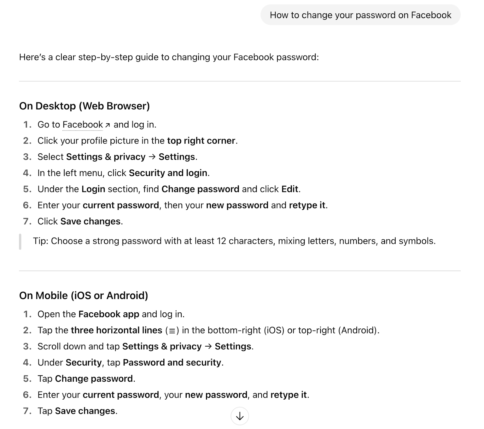 How to change Facebook password ChatGPT example