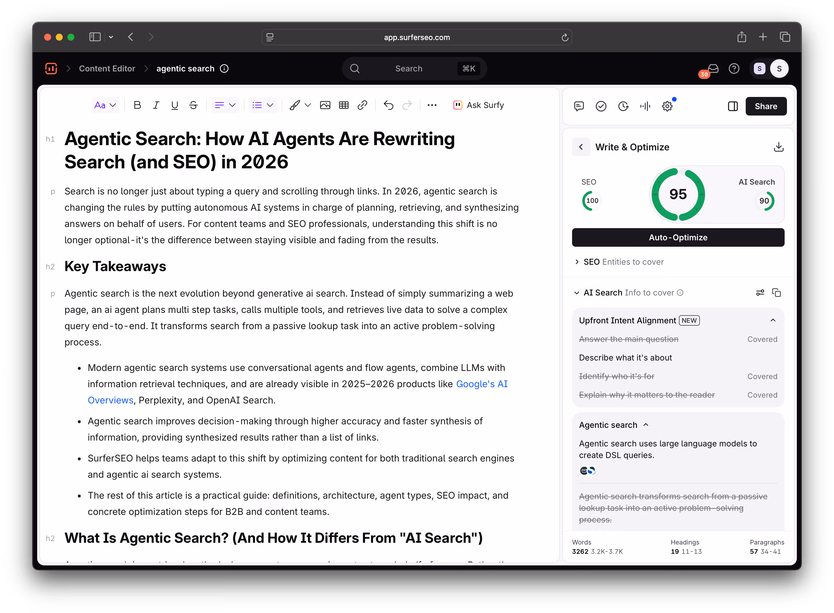 Surfer Content Editor optimization guidelines with Upfront Intent Alignment check