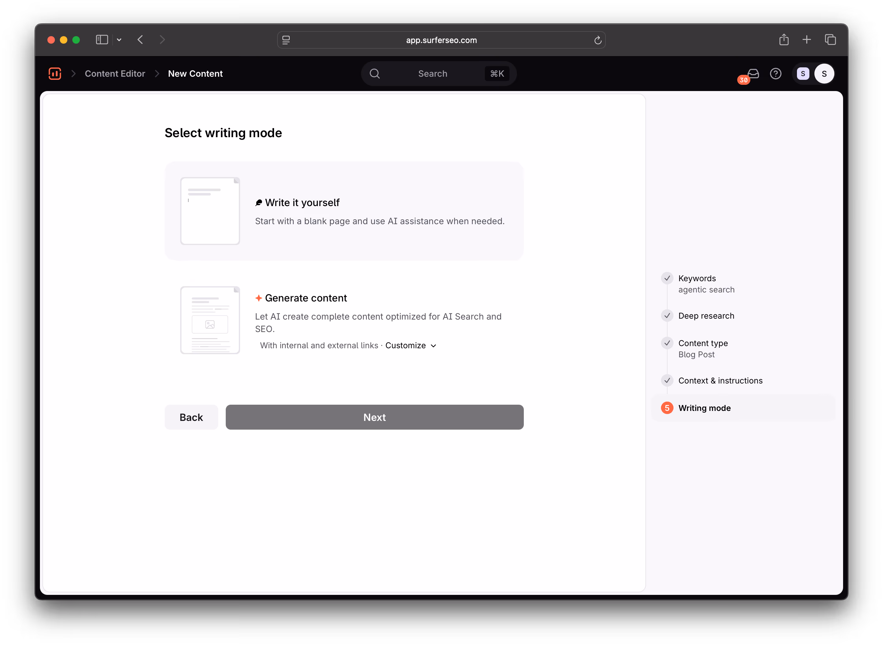 Surfer content editor selecting writing mode