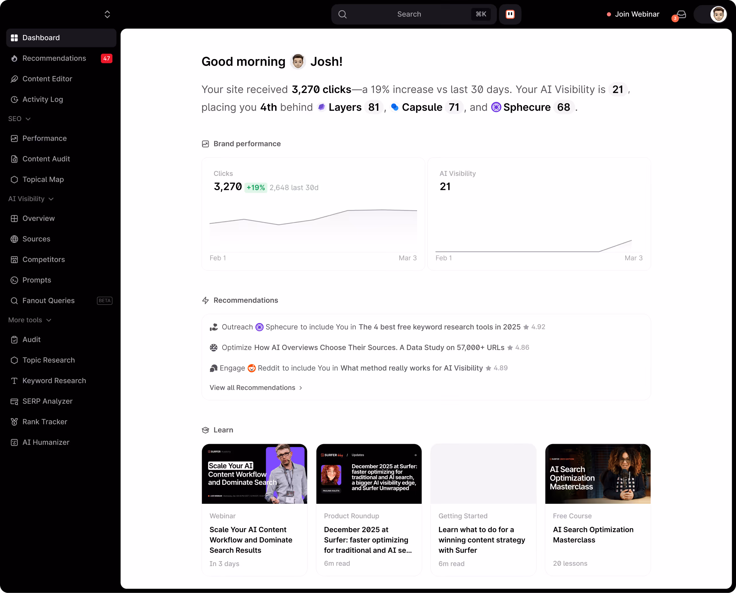 Surfer dashboard with AI visibility metrics